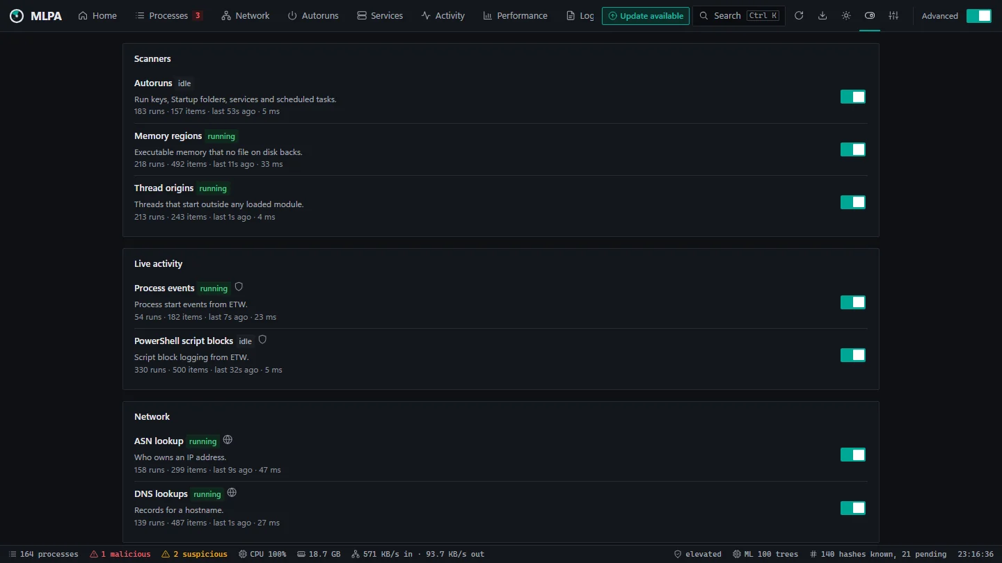 Modules: collectors grouped as scanners, live activity and network, each with its switch, its state, and how many runs and items it has done.